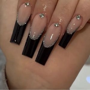 Rhinestone black french tip press on nails